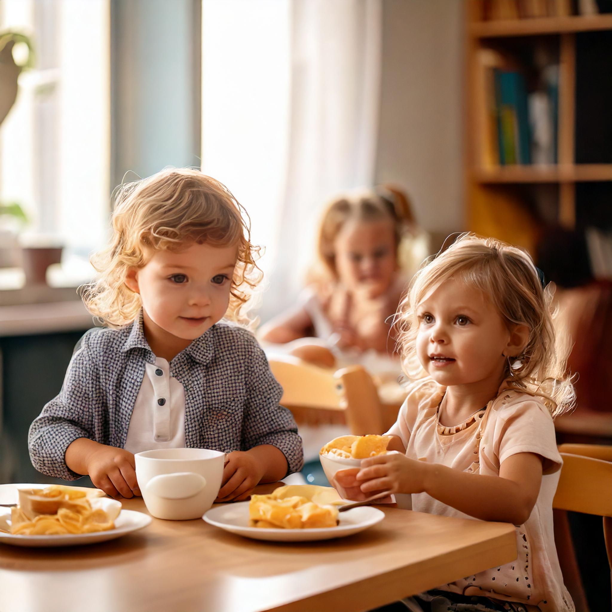 Kinder in der Kita denen Essen gereicht wird.